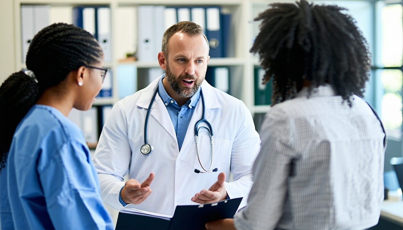 Healthcare consultant discussing workflow improvement with medical staff Healthcare consultant discussing workflow improvement with medical staff